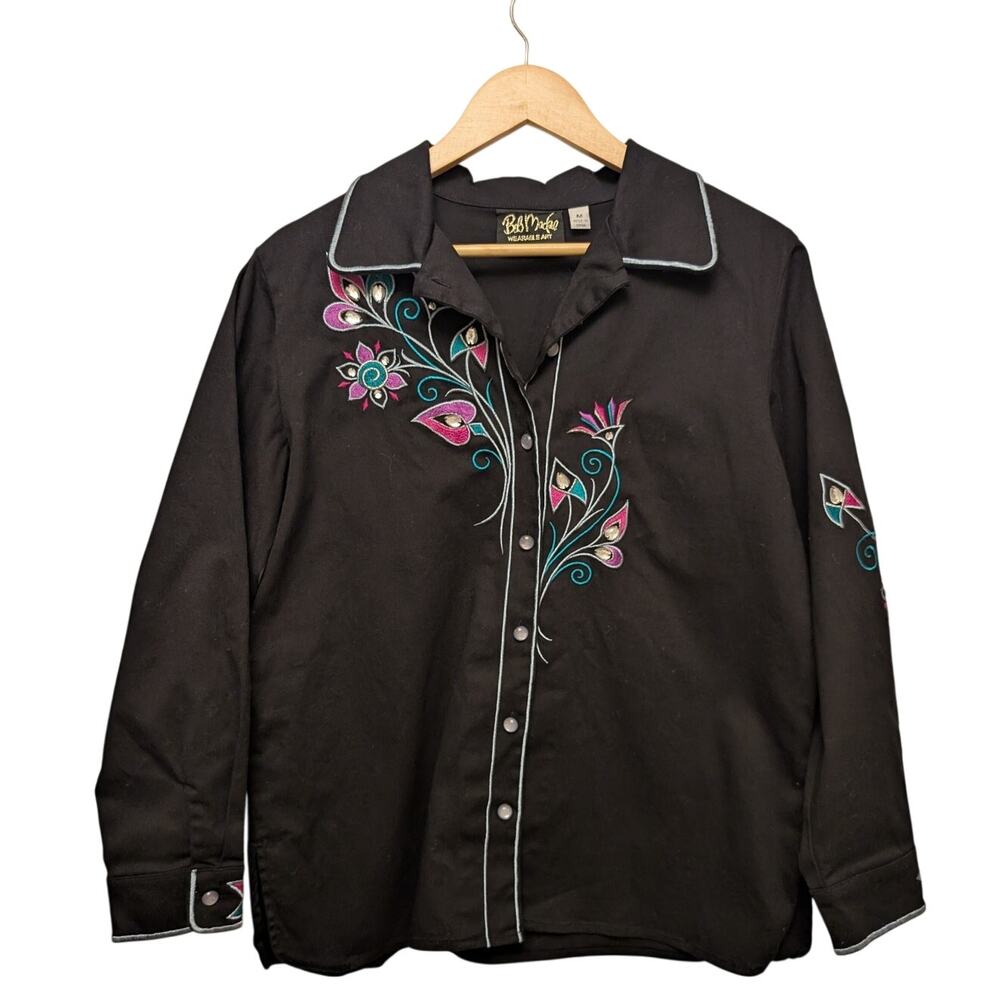 Vintage Bob‎ Mackie Wearable Art Embroidered Floral Button-Up Shirt Black M 90s